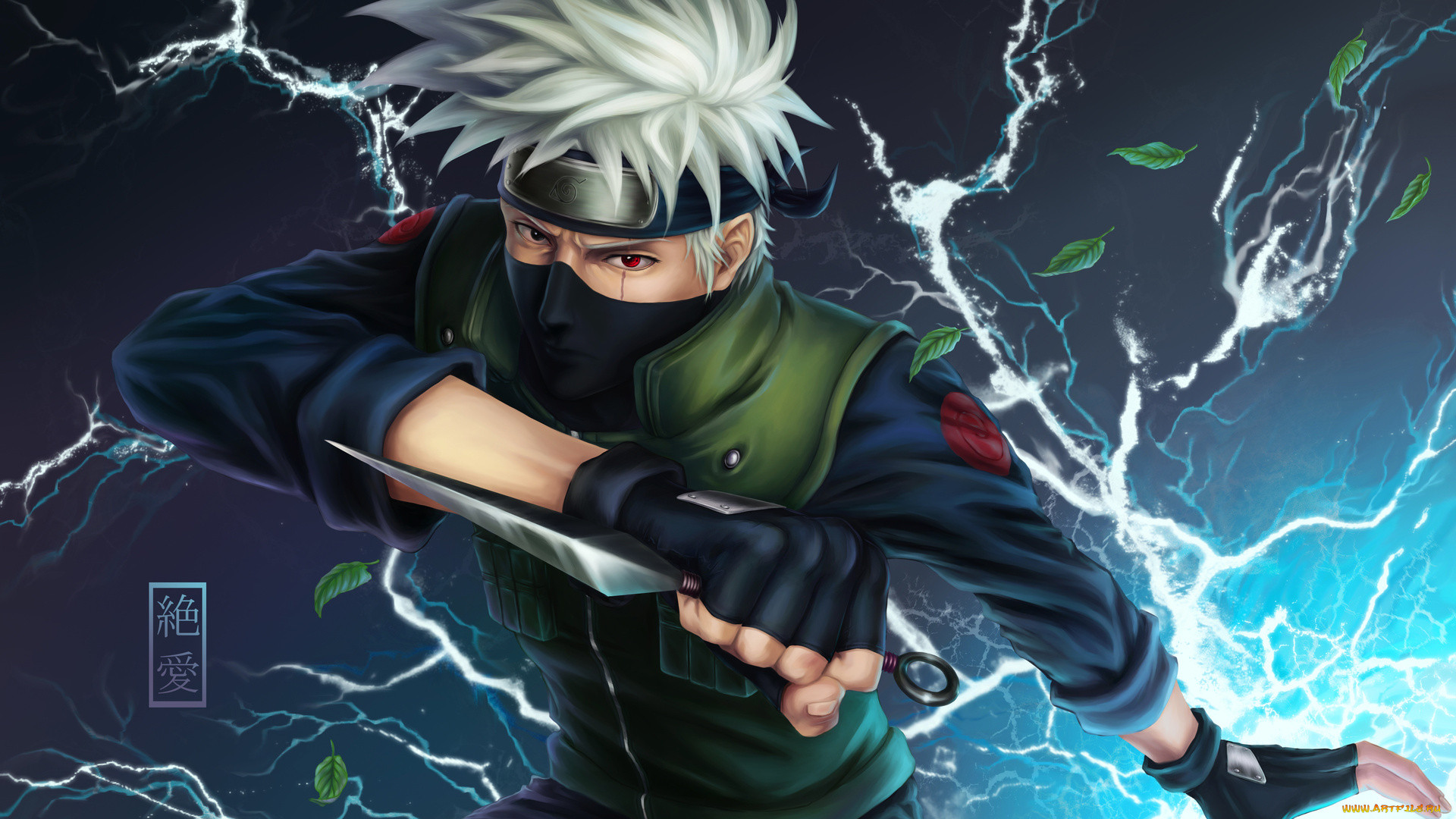 Обои Аниме Naruto, обои для рабочего стола, фотографии аниме, naruto, solo,  hatake, kakashi, перчатки, листья, шрам, иероглиф Обои для рабочего стола,  скачать обои картинки заставки на рабочий стол.